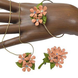 Vintage Demi Parure Enamel Floral Necklace Brooch Bracelet Set Rhinestones Pink